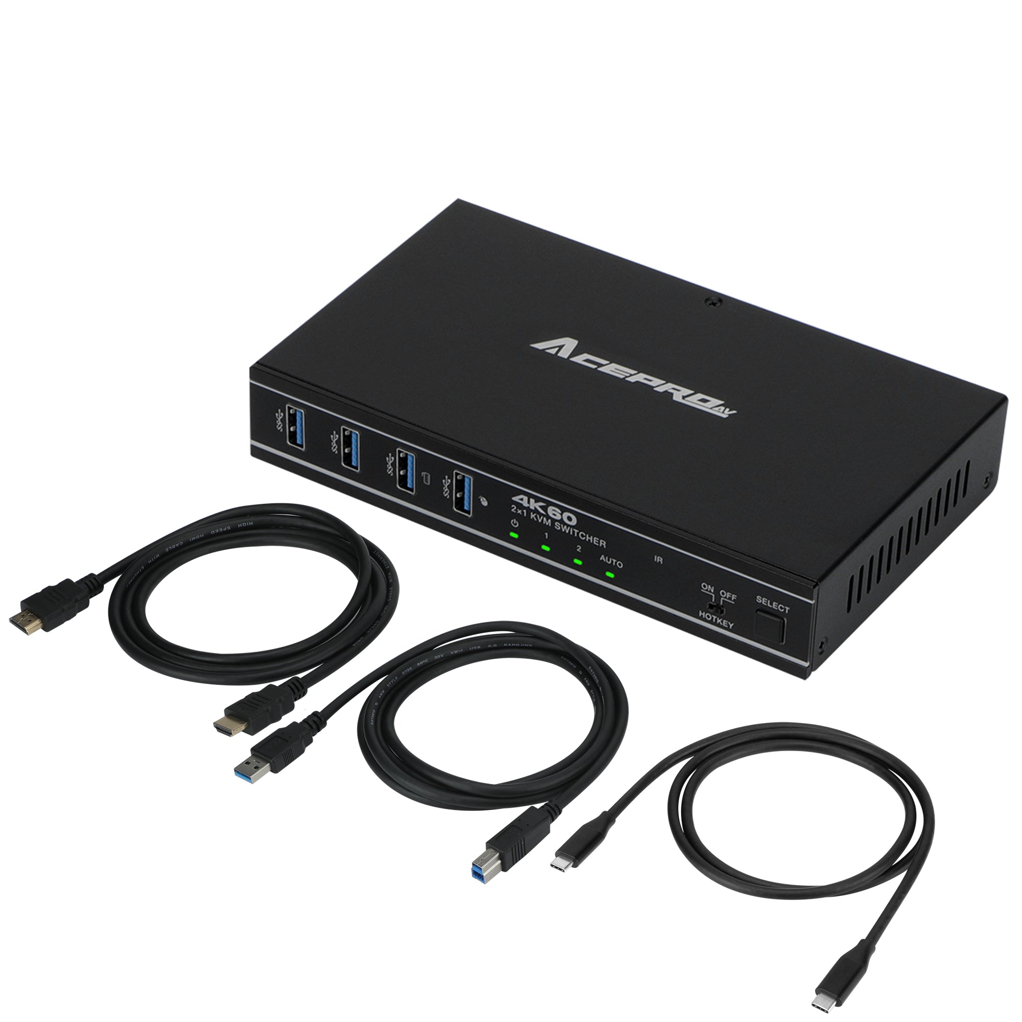 AceProAV 2x1 HDMI/USB-C 4K60Hz KVM Switch with PD pass-through - Black