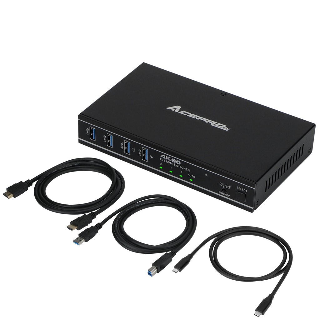 AceProAV 2x1 HDMI/USB-C 4K60Hz KVM Switch with PD pass-through - Black