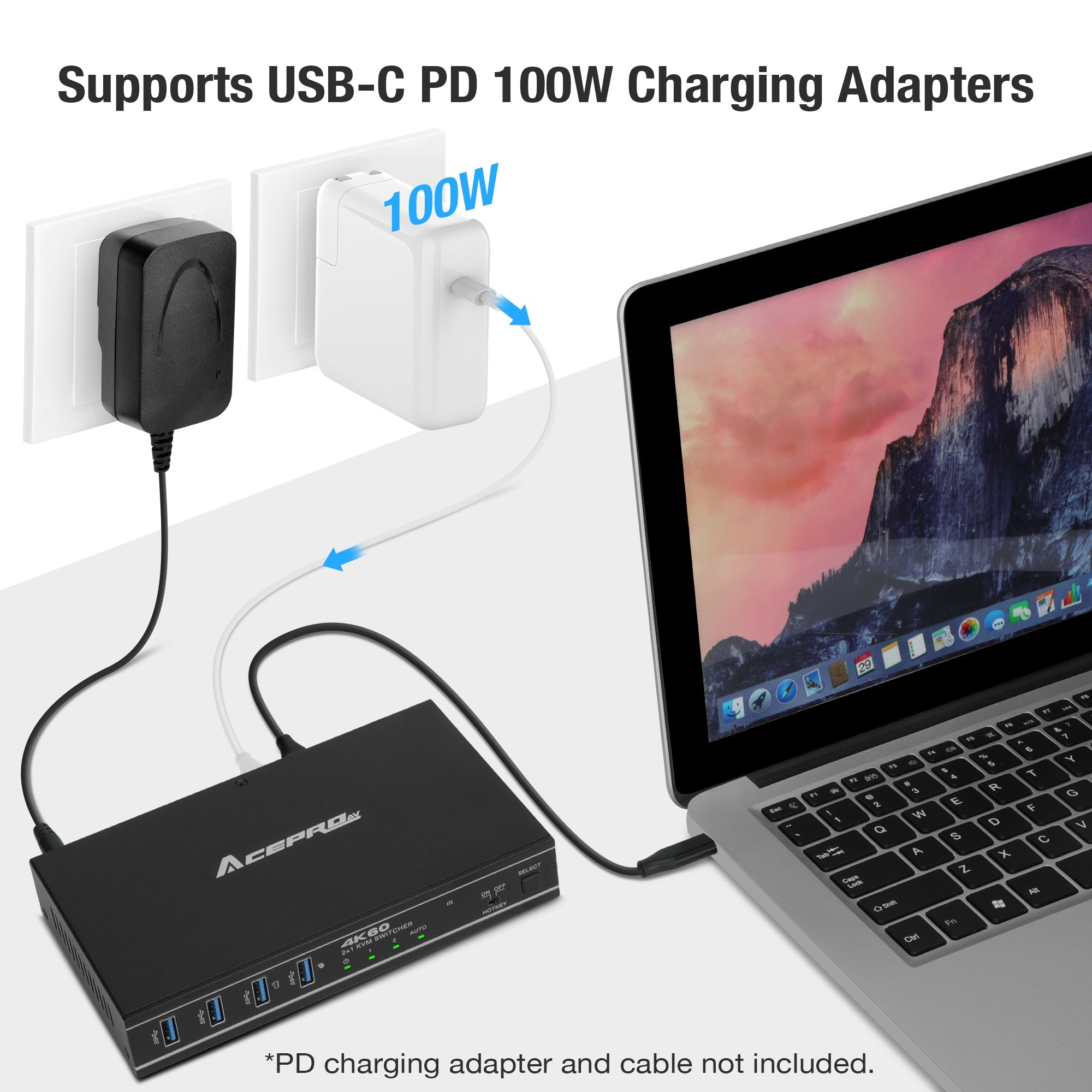AceProAV 2x1 HDMI/USB-C 4K60Hz KVM Switch with PD pass-through - Black