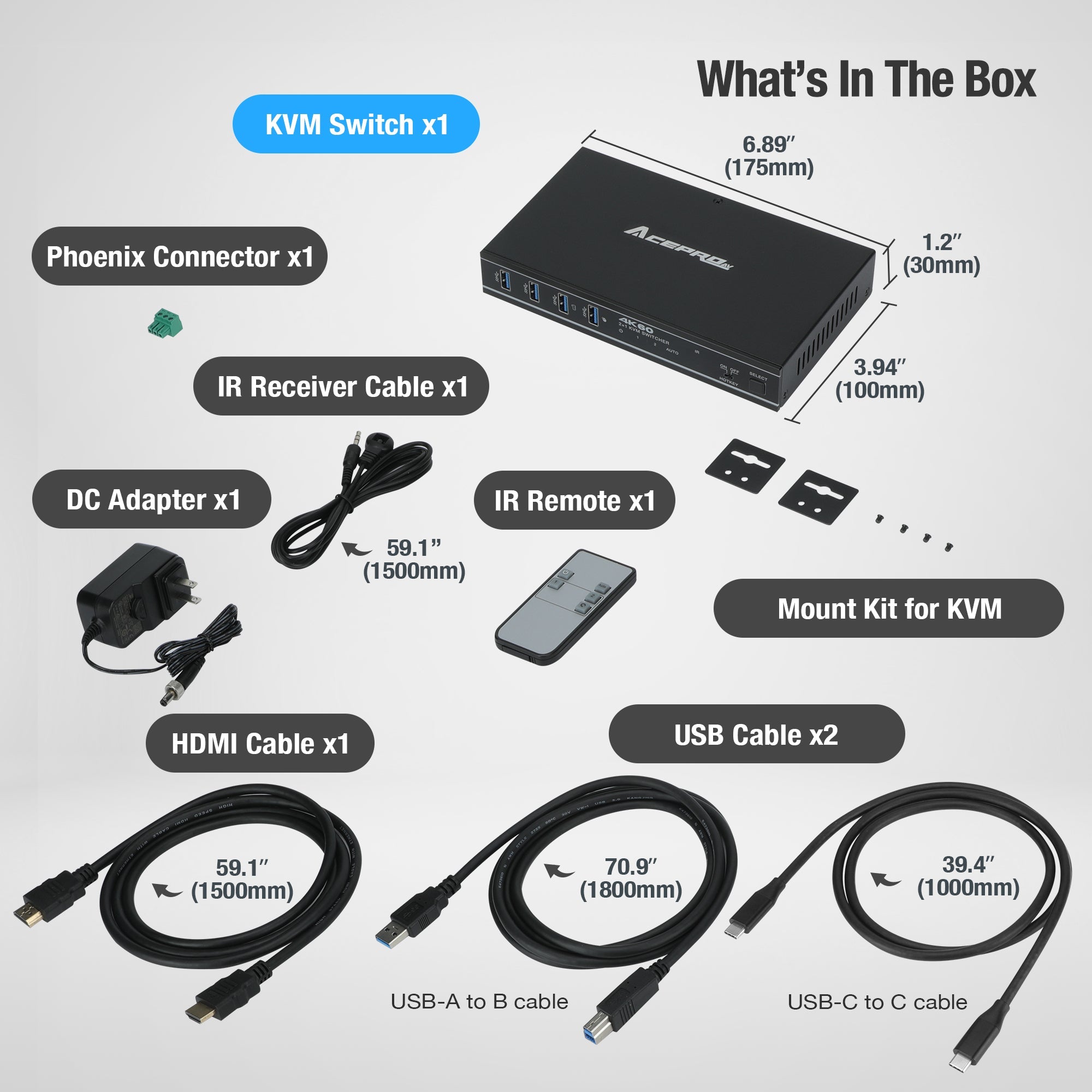 AceProAV 2x1 HDMI/USB-C 4K60Hz KVM Switch with PD pass-through - Black
