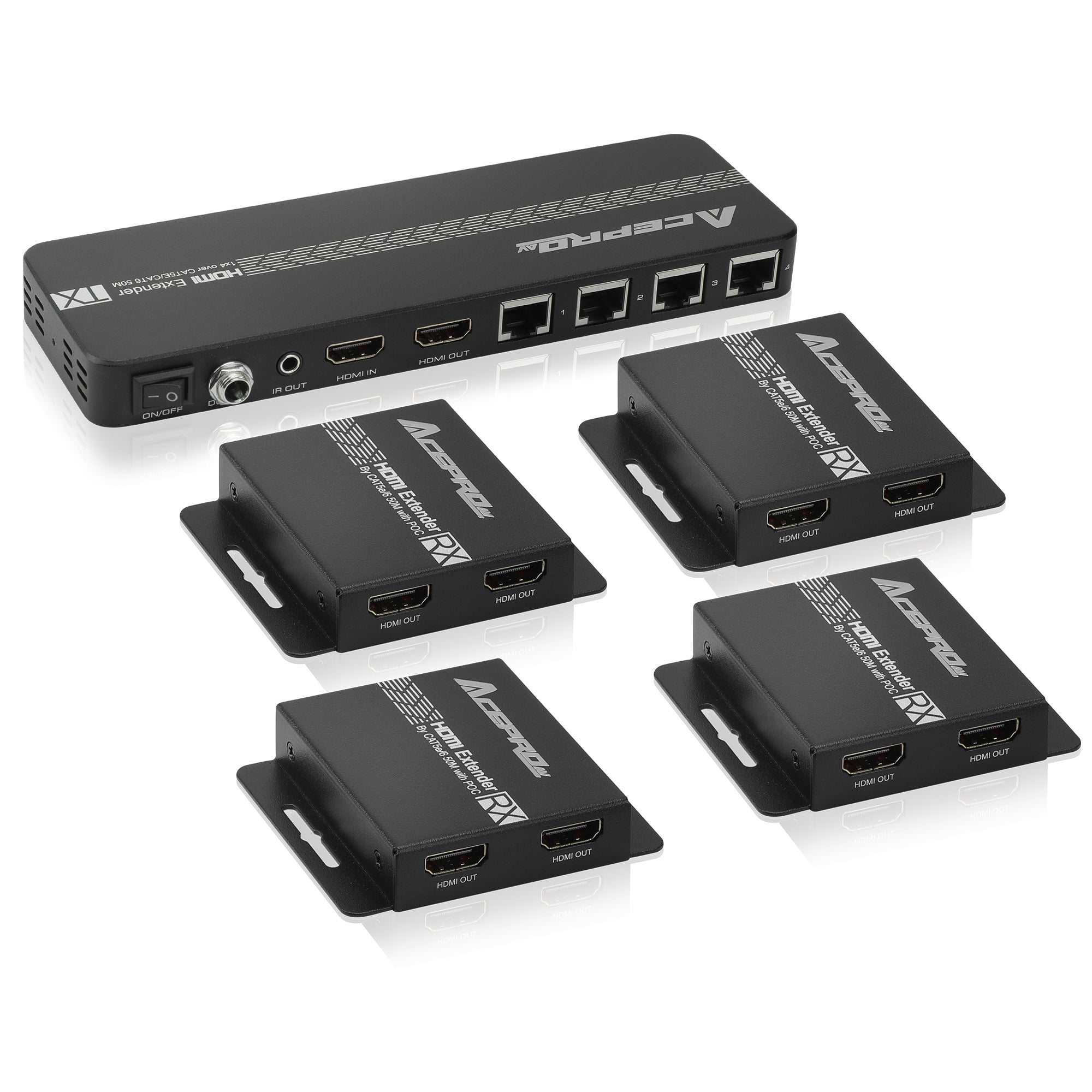 AceProAV 1080P 1x4 HDMI Splitter Over Cat6 Extender - Black