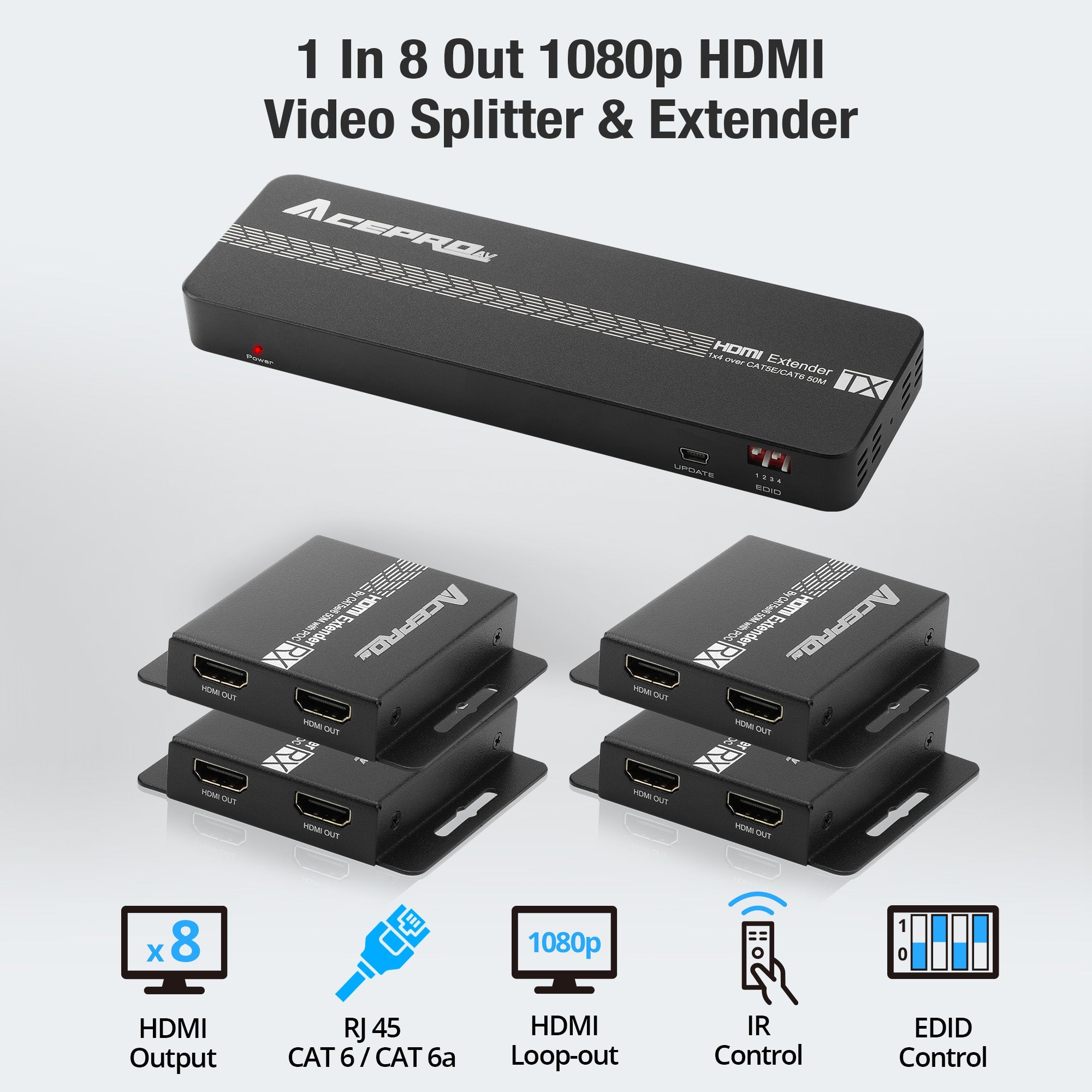 AceProAV 1080P 1x4 HDMI Splitter Over Cat6 Extender - Black