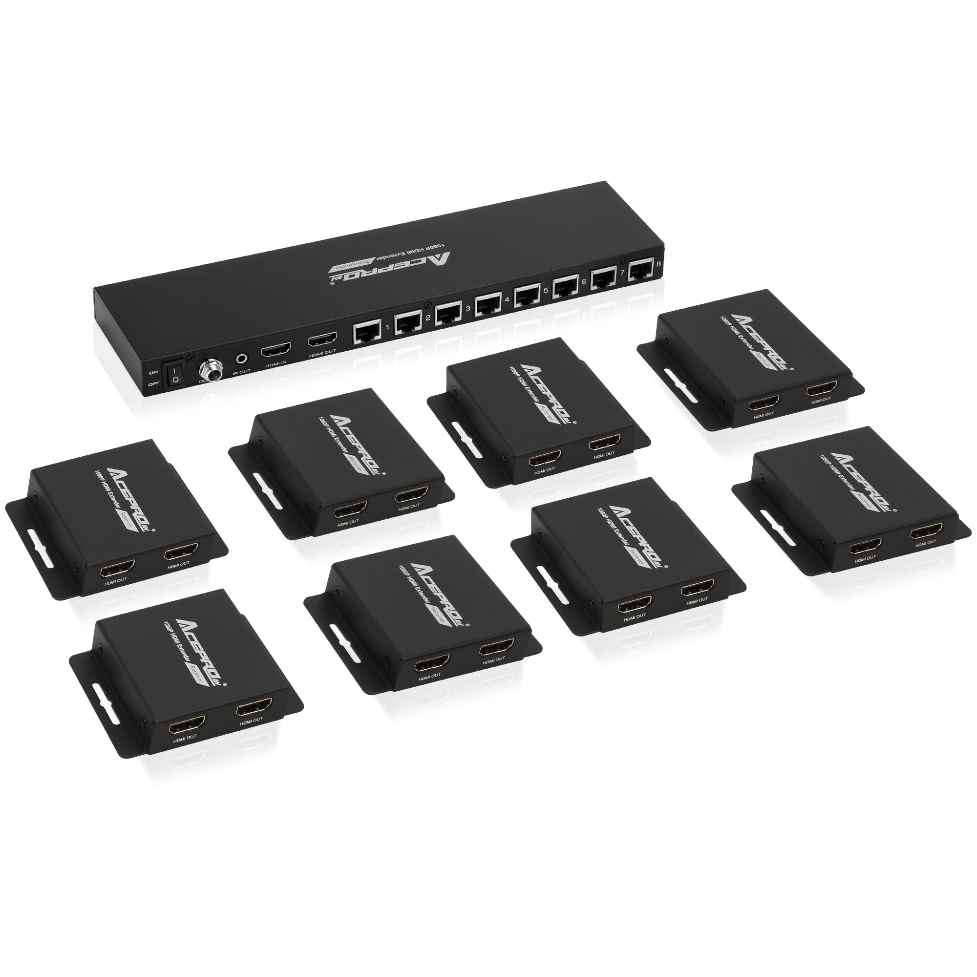 AceProAV 1080P 1x8 HDMI Splitter Over Cat6 Extender - Black