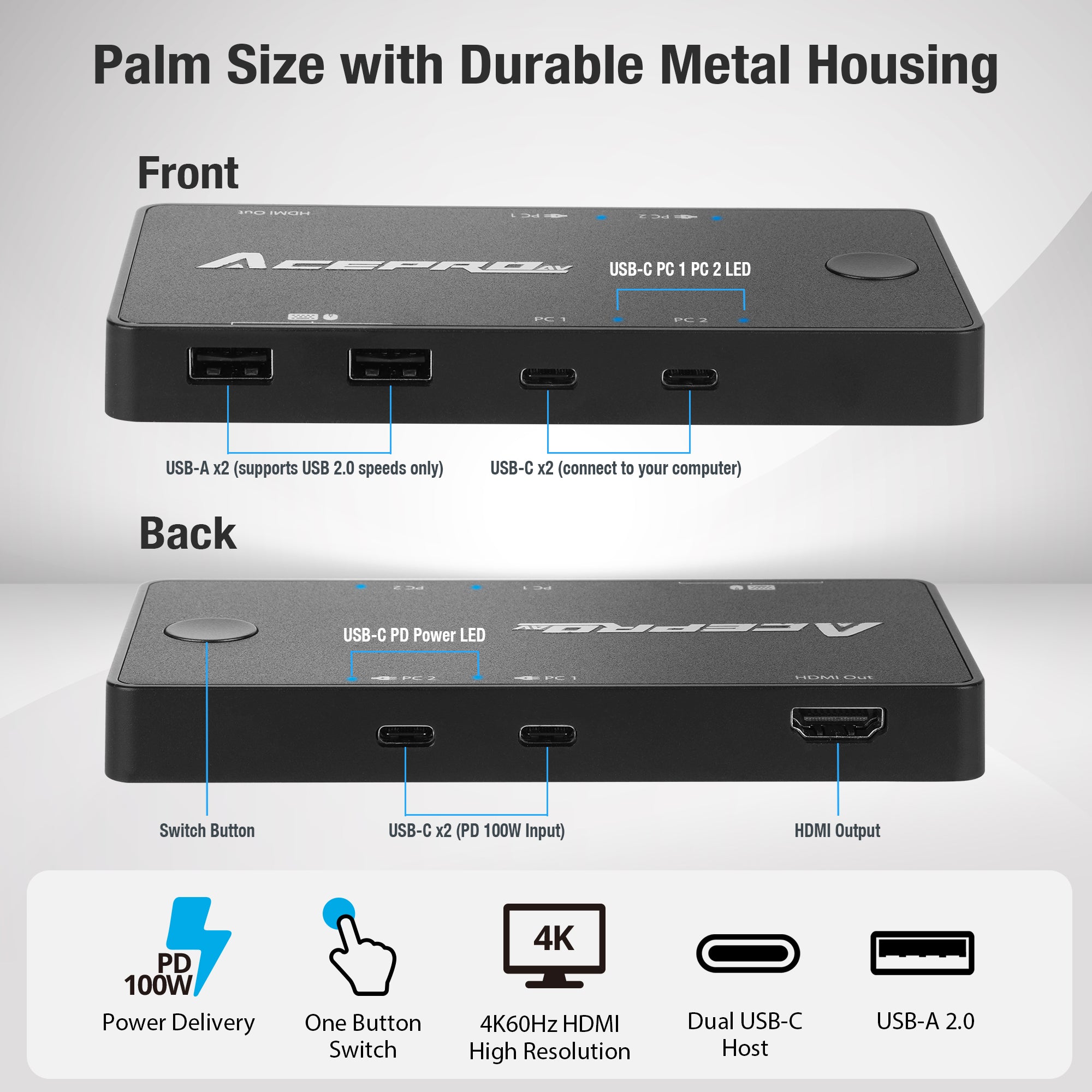 AceProAV 2x1 USB-C 4K60Hz KVM Switch with PD pass-through - Black