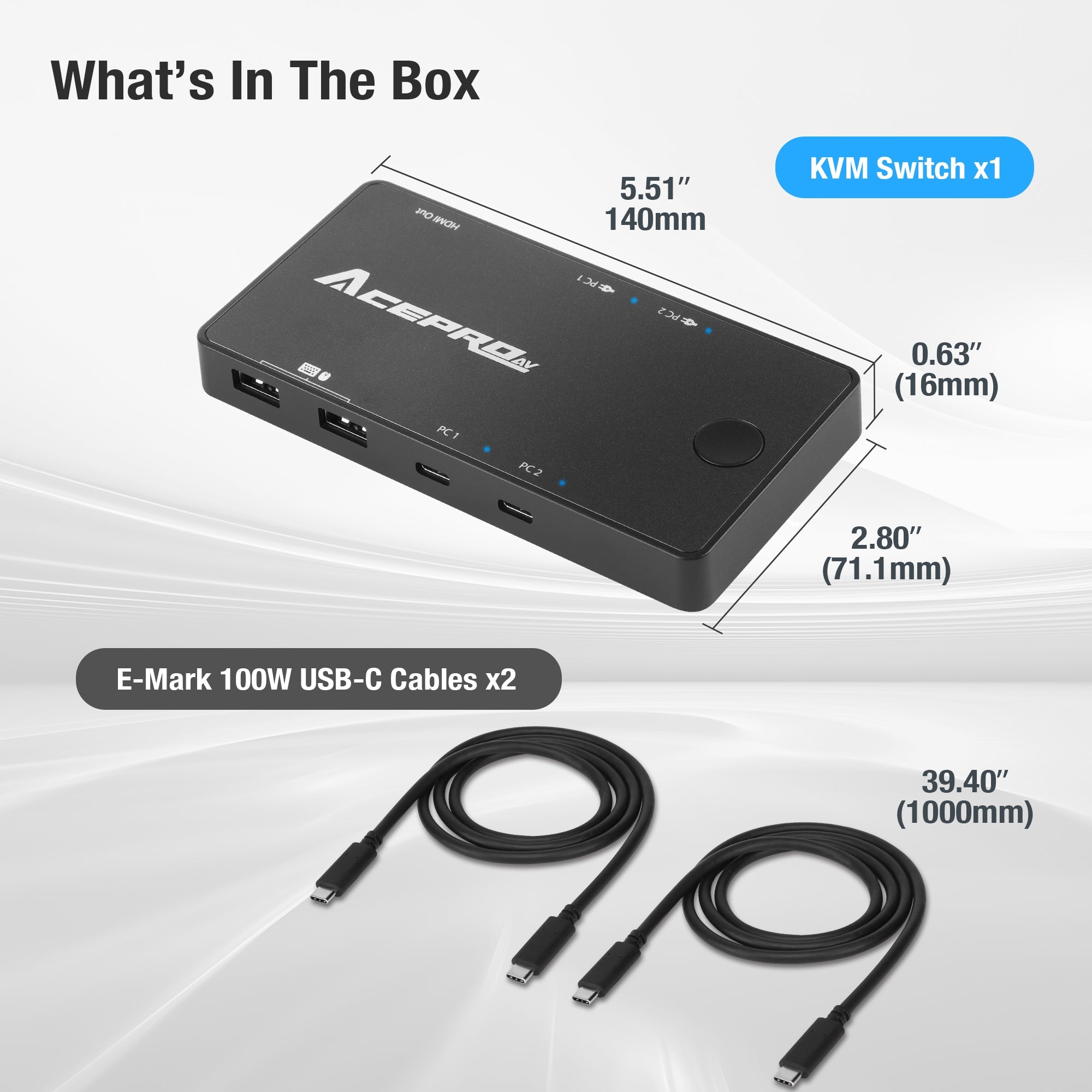 AceProAV 2x1 USB-C 4K60Hz KVM Switch with PD pass-through - Black