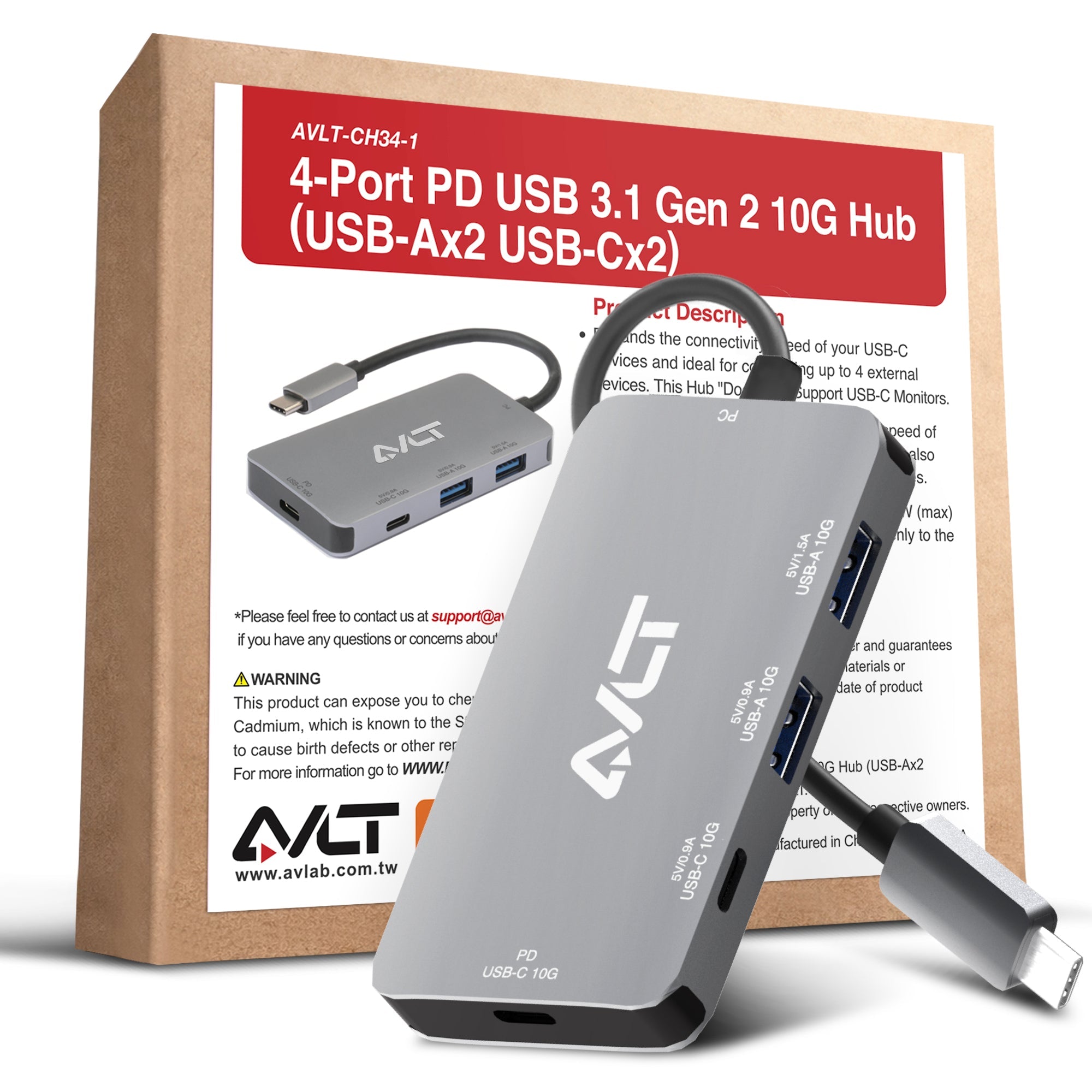AVLT 4-Port PD USB 3.1 Gen 2 10G Hub - Gray